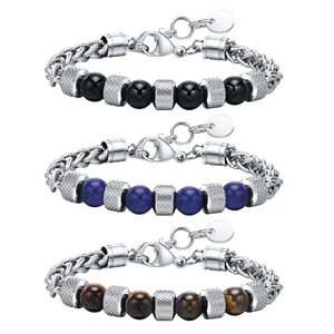 Stainless Steel Tiger Eye Stone Black Agate Beaded Braided Chain Bracelet Mens - Picture 1 of 10
