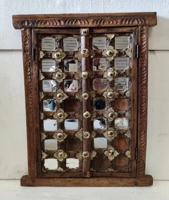 Vintage Old Wood Hand Carved & Brass/Mirror Work Window Shekhawati Window Door - Image 1 of 4