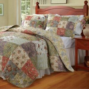 BEAUTIFUL COZY COTTAGE PINK RED PURPLE ROSE GREEN BLUE LILAC FLORAL QUILT SET