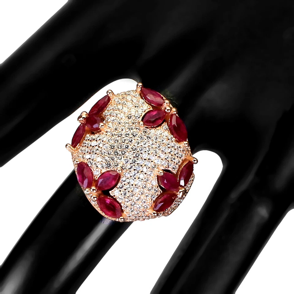 925 Anello Argento Sterling Taglio Marquise Rubino Naturale Gemma Gioielli - Immagine 1 di 4