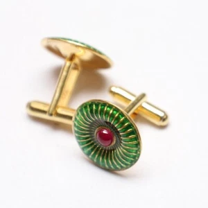 Vintage Custom Green Red Enamel Sterling Silver Men's Gift Wedding Cufflink - Picture 1 of 5