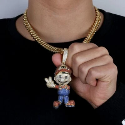 5AAA+ CZ Ice Out Hop Hip Super Mario Pendant With 20Inch 10mm Cuban Chain - Image 1 of 4