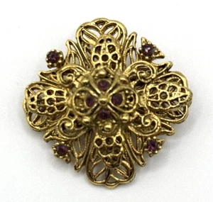 Vintage Filigree Rhinestone Brooch Bronze Purple J1-3012 - Picture 1 of 8