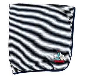 Absorba Teddy Bear Sail Boats Baby Receiving Blanket Navy Blue White Stripes HTF - Picture 1 of 4