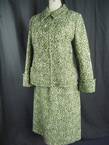 JEAN PATOU Vtg 60s Green/Cream Wool Tweed Jacket & Skirt-Bust 38/Waist 27/S-M - Picture 1 of 12