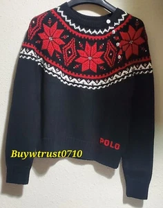 NWT Polo Ralph Lauren Girl's Fair Isle Red Black Let It Snow Sweater Sz L - Picture 1 of 7