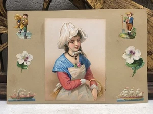 Victorian Print w/ Scaps Boy Ships Flower on Paper #1 - Picture 1 of 12