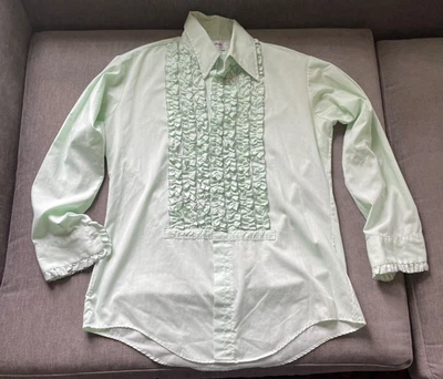 Винтажный 1970-х смокинг рубашка Delton размер 15 1/2 - 32 светло-зеленый w черный шов - Изображение 1 из 4