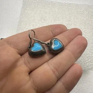 Taxco STERLING SILVER DANGLING HEART EARRINGS WITH Turquoise - B3 - Picture 1 of 7
