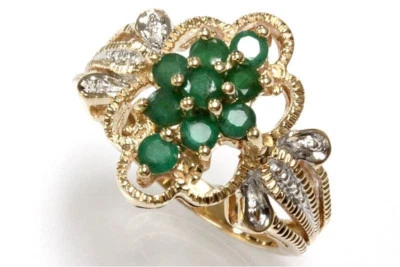 0.5 ctw Natural Green Emerald Solid 14k 2-Tone Gold Antique Style Cluster Ring - Image 1 of 2