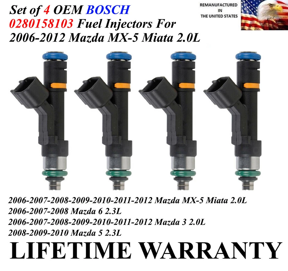 Juego genuino de 4 inyectores de combustible Bosch OEM para Mazda MX-5 Miata 2006-2012 2,0 L Foto 1 de 1