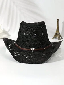 Unisex Cowboy/Cowgirl Hat - Cattle Head Decor, Hollow Print, Straw, for Summer - Picture 1 of 29
