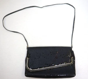 Vintage Metal Mesh Enamel Trim Evening Purse/Clutch Bag Black/Gold - Picture 1 of 14