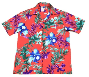 Hilo Hattie VTG 1970s Red & Blue Hibiscus Palm Leaf Hawaiian Aloha Shirt Medium - Picture 1 of 8