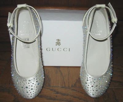 GUCCI GIRL COLORFUL RHINESTONES ON SATIN & PATENT LEATHER MARY JANE FLATS  Sz 29 - Image 1 of 4