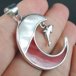 Colgante de plata de ley 925 con diseño de delfín coral rojo y madreperla, RCP-259 - Imagen 1 de 6