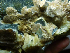 484 g Hexagonal Blue Green Fluorite with Crystals & Calcite from Mongolia - Picture 1 of 8