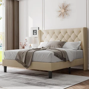 Full Size Bed Frame with Upholstered Wingback Headboard, Platform Bed and Heavy - Picture 1 of 7