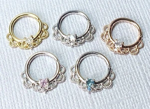 1pc CZ Gem Filigree Hoop Ring Nose Septum Daith Rook Tragus Ear Cartilage - Picture 1 of 9