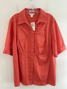 CJ Banks Shirt woman’s 2X Orange Pleated Front Button Up Short Sleeve - Picture 1 of 10