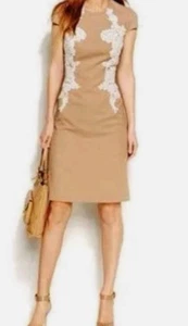 $119 ANNE KLEIN Tan Beige Contrast Crochet Panel Sheath Dress ~ 8P - Picture 1 of 3