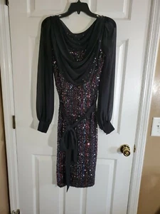 Badgley Mischka Black Belted Stripe and Sequined Tulle and Chiffon Dress Size 4 - Picture 1 of 6