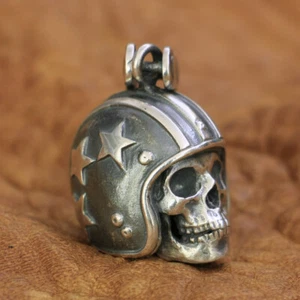 Motorcycle Helmet Skull 925 Sterling Silver Punk Pendant Biker Jewellery TA19C - Picture 1 of 12