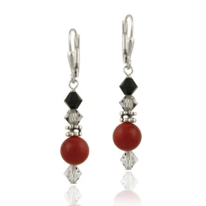 925 Silver Coral & European Crystals Dangle Leverback Earrings - Picture 1 of 3