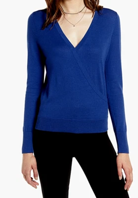 WOMEN'S XS HALOGEN RIBBED CUFF V-NECK FAUX WRAP PIMA COTTON BLEND SWEATER, BLUE - Image 1 of 4