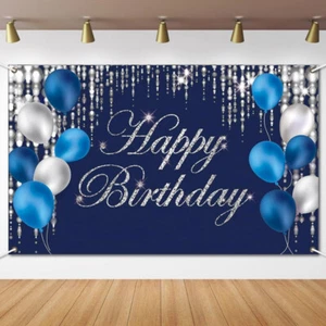 Blue Silver Happy Birthday Decorations Banner Backdrop for Men Women Boys Girls - Picture 1 of 5