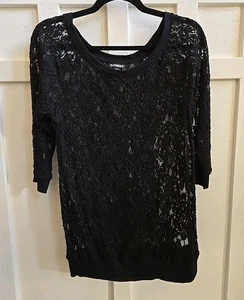 Top túnica de encaje negro EXPRESS M mediano acanalado ribete sudadera estilo transparente - Imagen 1 de 11