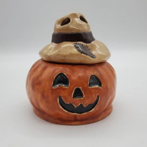 Vintage Ceramic Jack O Lantern Pumpkin Jar with Scarecrow Hat Lid – Halloween - Picture 1 of 11