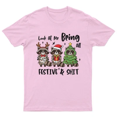 Festive Raccoon Christmas Holidays T-Shirt Unisex Gift Retro Funny Womens - Image 1 of 2
