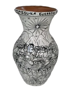 Vintage mexikanische Volkskunst Vase handbemalt Keramik Ton gemarkt IGUALA-GUERRERO - Bild 1 von 18
