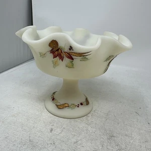 SIGNED Fenton Custard Glass Pedestal Compote /Poinsettia/Christmas/FREE SHIP! - Picture 1 of 13