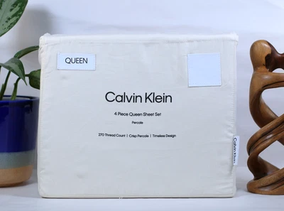 Calvin Klein Ivory Queen Sheets 4-piece Set Crisp Percale 270TC 100% Cotton - Image 1 of 4