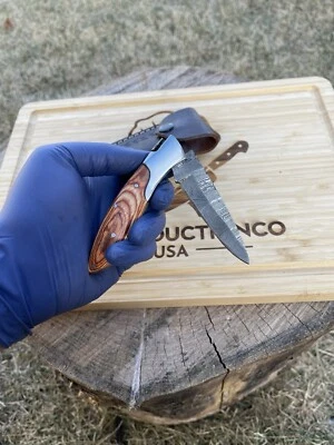 Damascus Steel Folding Pocket Knife Made In USA Outdoor Camp Knife with Leather - Image 1 of 3