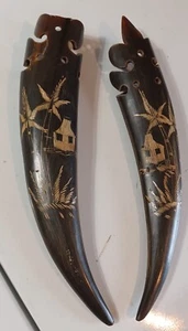 Vtg. Carved Water Buffalo Horns Pair READ - Picture 1 of 7