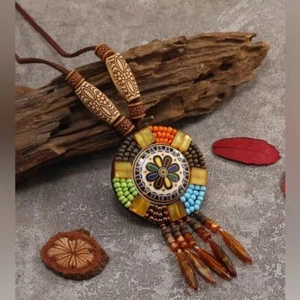 Vintage Boho Stil Perlen Quaste Anhänger Halskette & Ohrring Set - Bild 1 von 4