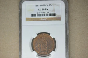 Sweden: 1881 5 ORE- NGC AU-58 BN.  Lovely, original coin. - Picture 1 of 5