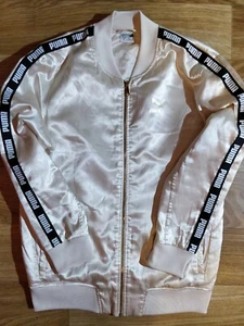 Puma Vintage Womens Tracksuit Top Jacket Oversized Striped Ivory Shiny Bomber - Picture 1 of 8