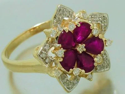 s R207 Genuine 9K Solid Gold NATURAL Ruby & Diamond Cherry Blossom Ring size 5.5 - Image 1 of 4