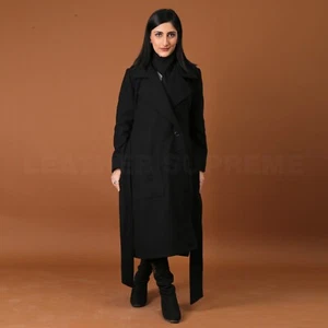 Double Breasted Full Length Black Wool Coat For Women Gift For Her - Picture 1 of 10