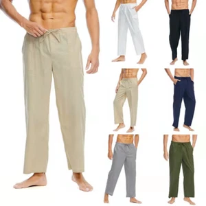 Summer Men's Cotton Linen Solid Color Loose Casual Elastic Waist Trousers - Picture 1 of 55