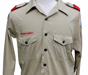 BOY SCOUTS Uniform Shirt Adult Size Large BSA KHAKI Long Sleeve Flag Vintage USA - Picture 1 of 8