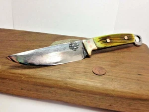 San Mai Damaskus Drop-Point Utility, auf Bestellung gefertigt, grüner Knochen, Lederhülle - Bild 1 von 7