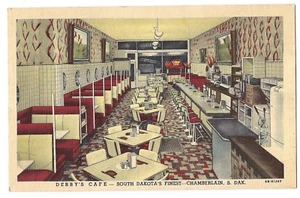 Interior DEBBY"S CAFE Red Booth Diner Chamberlain South Dakota Postcard SD Linen - Picture 1 of 1