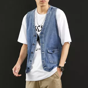 Mens Retro Cargo Jeans Vest Button Vest Top Sleeveless Jacket Casual Daily - Picture 1 of 10