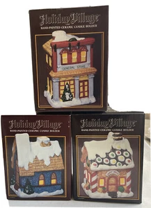 3 HOLIDAY VILLAGE CERAMIC Christmas Candy House Church Store Candle Holders NEW - Picture 1 of 5