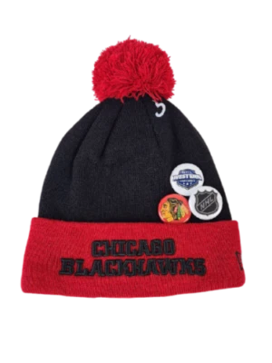 New Era Chicago Blackhawks NHL Pom Knit Beanie Team Hat Cap Winter Button Up  - Image 1 of 4